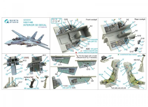 Quinta Studio QD32033 F-14D 3D-Printed &amp; coloured Interior on decal paper ( Trumpeter ) 1/32