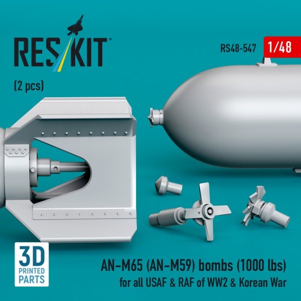 RESKIT RS48-0547 AN-M65 (AN-M59) bombs (2 pcs) (1000 lbs) for all USAF &amp; RAF of WW2 &amp; Korean War (3D Printed) 1/48