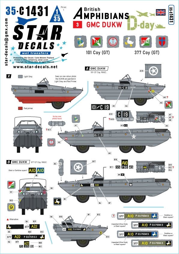 Star Decals 35-C1431 D-Day DUKW. British Amphibians # 3. 101 Coy (GT) and 377 Coy (GT) RASC. 1/35