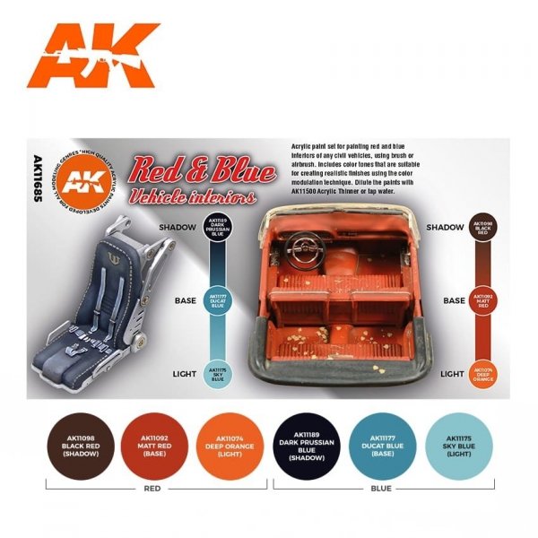 AK Interactive AK11685 3G RED &amp; BLUE VEHICLE INTERIORS 6x17 ml