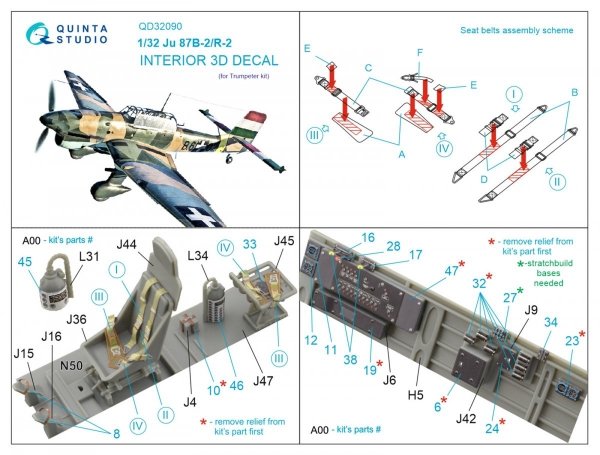 Quinta Studio QD32090 Ju 87B-2/R-2 3D-Printed &amp; coloured Interior on decal paper ( Trumpeter ) 1/32