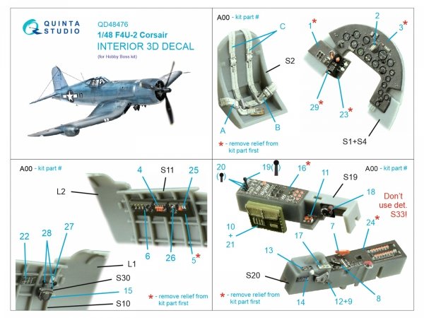 Quinta Studio QD48476 F4U-2 Corsair 3D-Printed coloured Interior on decal paper (Hobby Boss) 1/48