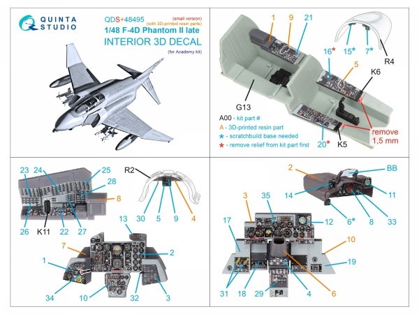 Quinta Studio QDS+48495 F-4D late Phantom II 3D-Printed &amp; coloured Interior on decal paper (Academy) (Small version) (with 3D-printed resin parts) 1/48