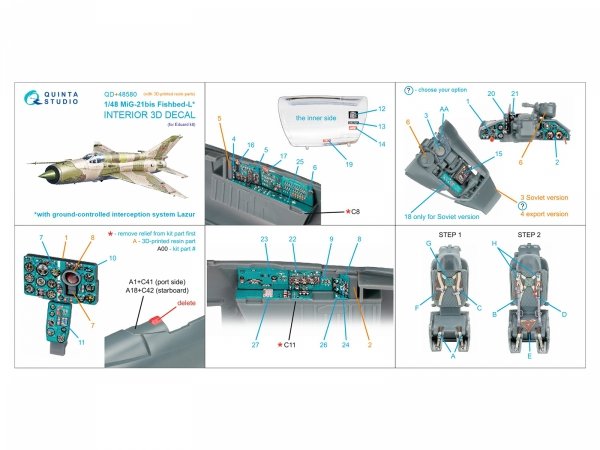 Quinta Studio QD+48580 MiG-21bis early Fishbed-L 3D-Printed &amp; coloured Interior on decal paper (Eduard) (with 3D-printed resin parts) 1/48