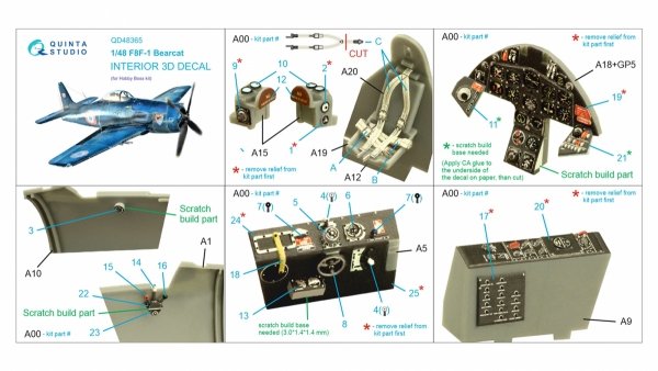Quinta Studio QD48365 F8F-1 Bearcat 3D-Printed &amp; coloured Interior on decal paper (Hobby Boss) 1/48