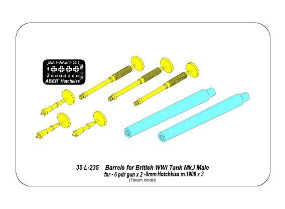 Aber 35L-235 Barrels for British WWI Tank Mk.I Male – 6 pdr. gun x 2 pcs. &amp;amp;amp;amp;amp;amp;amp;amp; 8mm Hotchkiss m.1909 x 3 pcs. (1:35)