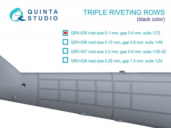 Quinta Studio QRV-035 Triple riveting rows (rivet size 0.10 mm, gap 0.4 mm, suits 1/72 scale), Black color, total length 6.6 m/22 ft