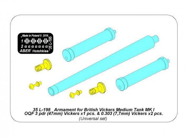 Aber 35L-198 Armament for British Vickers Medium Tank MK I OQF 3 pdr Vickers x1 pcs. 0.303 Vickers x2pcs. (1:35)
