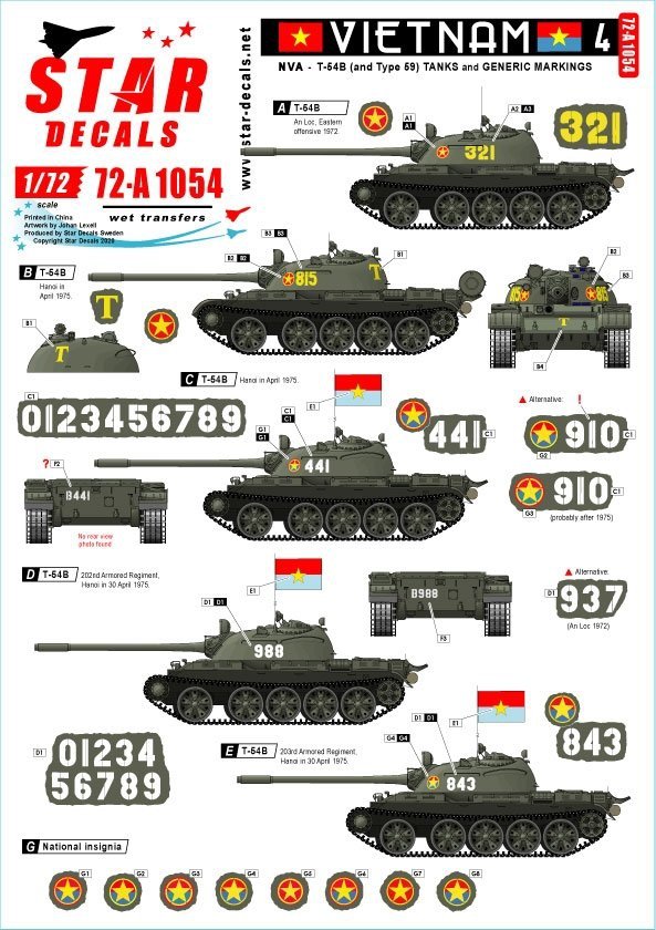 Star Decals 72-A1054 Vietnam # 4. NVA North Vietnamese T-54B markings 1/72
