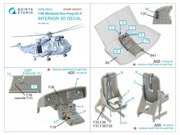 Quinta Studio QDS-48431 Westland Sea King HU.5 3D-Printed &amp; coloured Interior on decal paper (Airfix) (Small version) 1/48