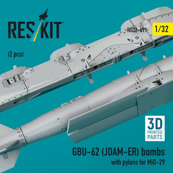 RESKIT RS32-0491 GBU-62 (JDAM-ER) bombs with pylons for MiG-29 (2 pcs) (3D Printed) 1/32