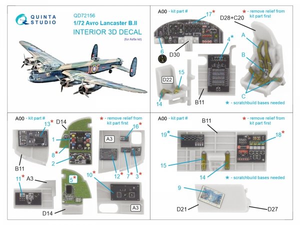 Quinta Studio QD72156 Avro Lancaster B.II 3D-Printed coloured Interior on decal paper (Airfix) 1/72