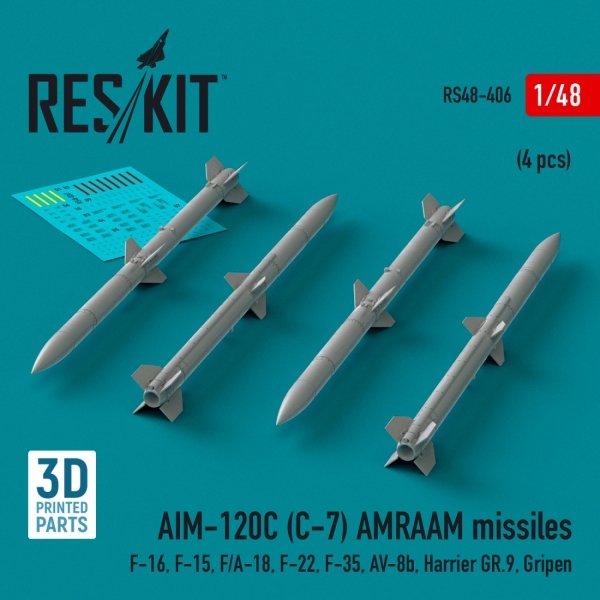 RESKIT RS48-0406 AIM-120C (C-7) AMRAAM missiles (4 pcs) (3D Printed) 1/48