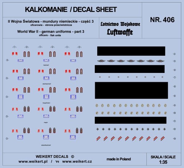 Weikert Decals DEC406 Mundury niemieckie - część 3 - luftwaffe - obrona przeciwlotnicza 1/35