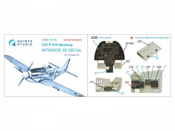 Quinta Studio QDS-32144 P-51D Mustang 3D-Printed &amp; coloured Interior on decal paper (Trumpeter) (Small version) 1/32