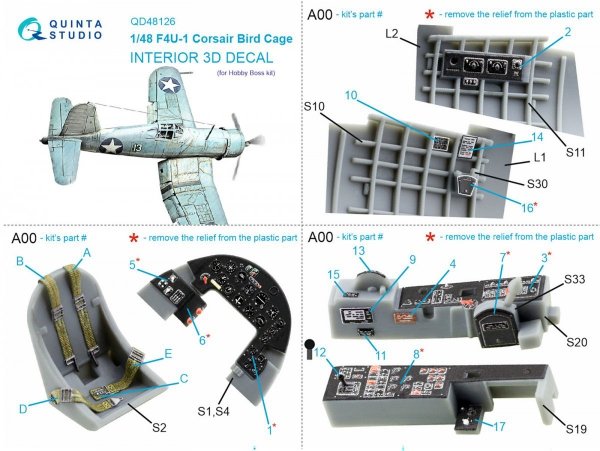 Quinta Studio QD48126 F4U-1 Corsair (Birdcage) 3D-Printed &amp; coloured Interior on decal paper (Hobby Boss) 1/48