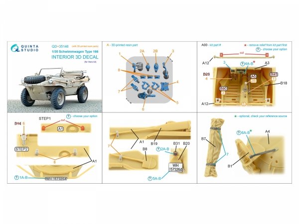 Quinta Studio QD+35146 Schwimmwagen Type 166 3D-Printed &amp; coloured Interior on decal paper (Hero) (with 3D-printed resin parts) 1/35