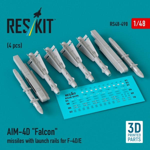 RESKIT RS48-0490 AIM-4D &quot;Falcon&quot; missiles with launch rails for F-4D/E (4 pcs) (3D Printed) 1/48