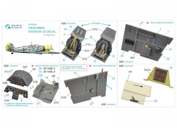 Quinta Studio QD48240 Bf 109E-3/4 3D-Printed &amp; coloured Interior on decal paper ( Wingsy kits) 1/48