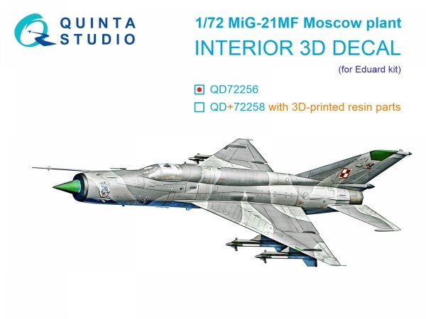Quinta Studio QD72256 MiG-21MF (Moscow plant) 3D-Printed &amp; coloured Interior on decal paper (Eduard) 1/72