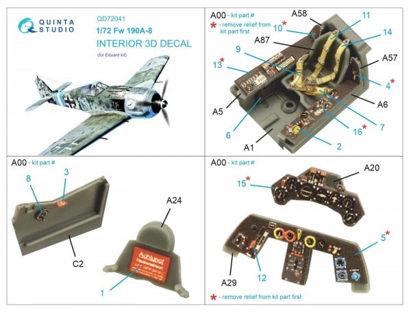 Quinta Studio QD72041 Fw 190A-8 3D-Printed &amp; coloured Interior on decal paper (Eduard) 1/72