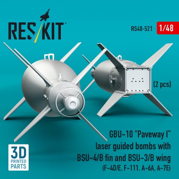 RESKIT RS48-0521 GBU-10 "Paveway I" laser guided bombs with BSU-4/B fin and BSU-3/B wing (2 pcs) (3D Printed) 1/48