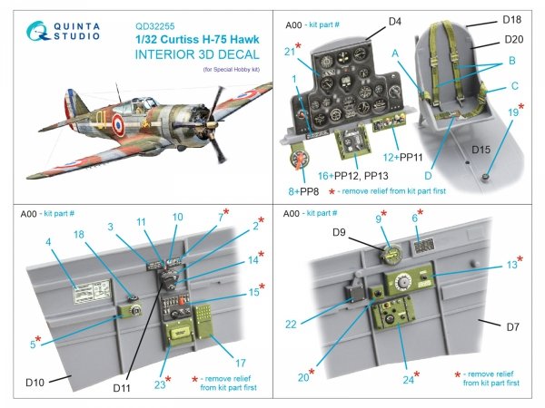 Quinta Studio QD32255 Curtiss H-75 Hawk 3D-Printed &amp; coloured Interior on decal paper (Special Hobby) 1/32