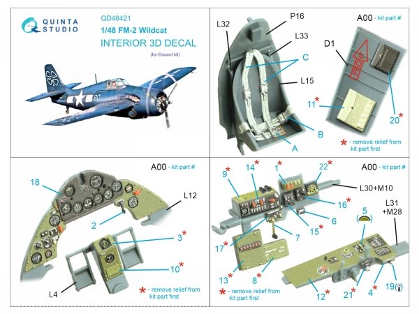 Quinta Studio QD48421 FM-2 Wildcat 3D-Printed &amp; coloured Interior on decal paper (Eduard) 1/48