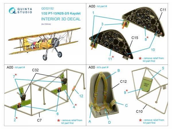 Quinta Studio QD32152 PT-13/N2S-2/5 Kaydet 3D-Printed &amp; coloured Interior on decal paper (ICM) 1/32