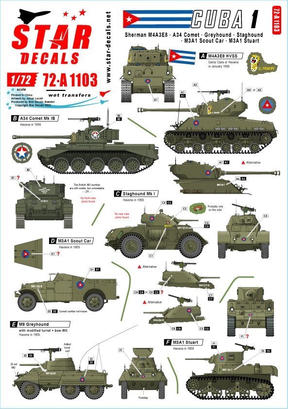 Star Decals 72-A1103 Tanks &amp; AFVs in Cuba # 1. M4A3E8 Sherman, A34 Comet, Staghound, Greyhound, M3A1 White Scout Car, M3A1 Stuart. 1/72