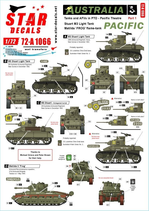 Star Decals 72-A1066 Australia in the Pacific # 1. M3 Stuart Light Tank and Matilda Frog Flame Tank in the Pacific. 1/72