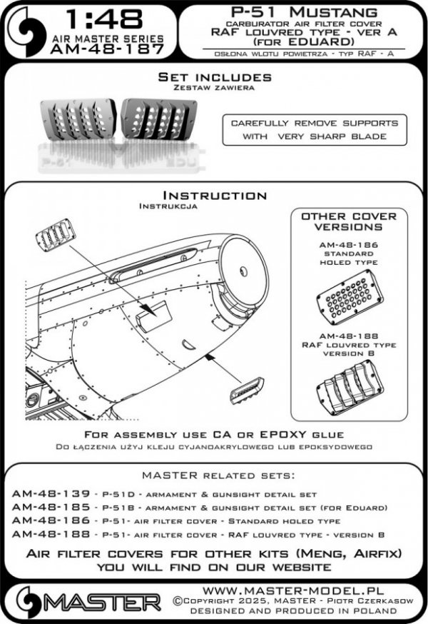 Master AM-48-187 P-51 Mustang - pokrywa wlotu powietrza do gaźnika - typ z żaluzjami dla RAF - wersja A (do modelu Eduard) 1/48