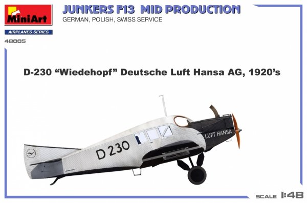 MiniArt 48005 Junkers F13. Mid Prod. German, Polish, Swiss Service 1/48