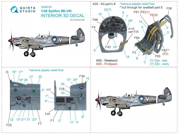 Quinta Studio QD48120 Spitfire Mk.VIII 3D-Printed &amp; coloured Interior on decal paper (Eduard) 1/48