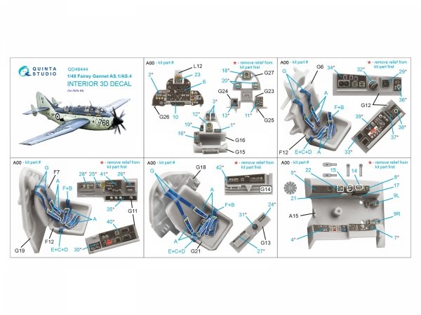 Quinta Studio QD48444 Fairey Gannet AS.1_AS.4 3D-Printed coloured Interior on decal paper (Airfix) 1/48