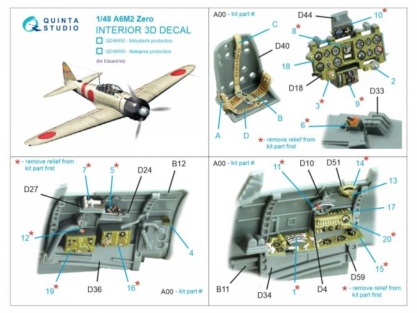 Quinta Studio QD48492 A6M2 Zero Mitsubishi Production 3D-Printed coloured Interior on decal paper (Eduard) 1/48