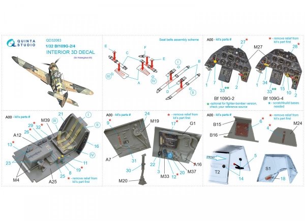 Quinta Studio QD32083 Bf 109G-2/G-4 3D-Printed &amp; coloured Interior on decal paper (Hasegawa) 1/32