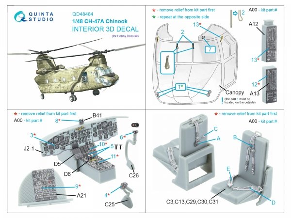 Quinta Studio QD48464 CH-47A 3D-Printed coloured Interior on decal paper (HobbyBoss) 1/48