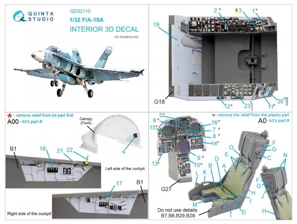 Quinta Studio QD32110 F/A-18A 3D-Printed &amp; coloured Interior on decal paper (Academy) 1/32