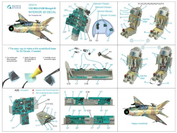 Quinta Studio QD32121 MiG-21UM 3D-Printed &amp; coloured Interior on decal paper (Trumpeter) 1/32