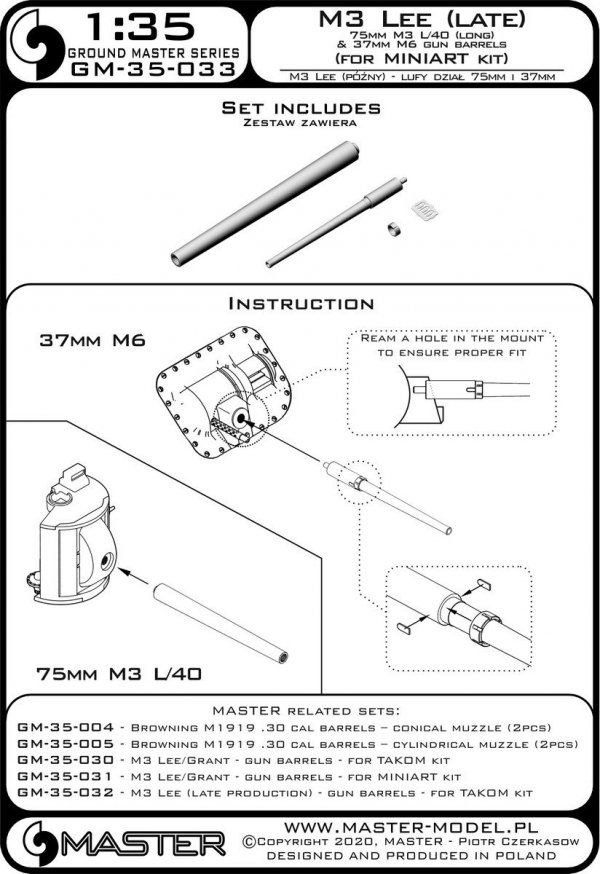 Master GM-35-033 M3 Lee (późna produkcja) - lufy uzbrojenia do zestawu Mini Art 1/35