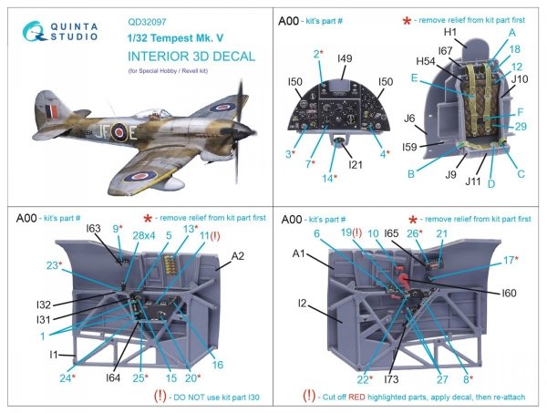 Quinta Studio QD32097 Tempest Mk.V 3D-Printed &amp; coloured Interior on decal paper (Special Hobby/Revell) 1/32