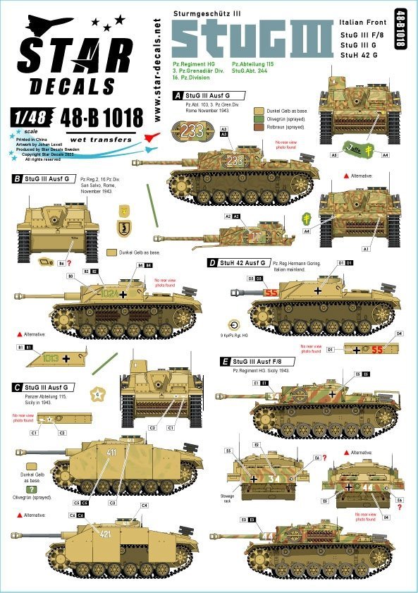 Star Decals 48-B1018 StuG III Italian Front. Sturmgeschutz III Ausf F/8, StuG III Ausf G and StuH 42 Ausf G 1/48