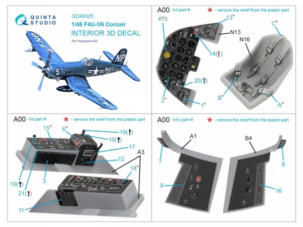 Quinta Studio QD48325 F4U-5N 3D-Printed &amp; coloured Interior on decal paper (Hasegawa) 1/48