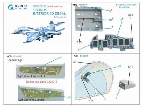 Quinta Studio QDS-72157 Su-34 3D-Printed coloured Interior on decal paper (Trumpeter) (small version) 1/72