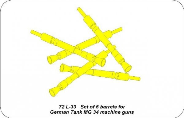 Aber 72L-33 Zestaw 5 luf do niemieckich czołgowych karabinów maszynowych MG 34 / Set of 5 Barrels for German Tank MG 34 machine guns 1/72