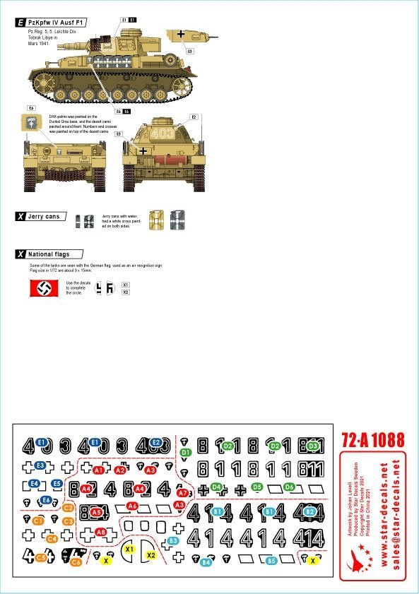 Star Decals 72-A1088 Panzer in the Desert # 5. PzKpfw IV Ausf D, D/E Hybrid, E and F1, in North Africa 1/72