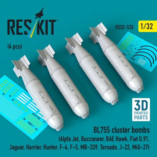 RESKIT RS32-0535 GBU-10 BL755 cluster bombs (4 pcs) (3D Printed) 1/32