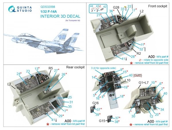 Quinta Studio QDS-32098 F-14A 3D-Printed &amp; coloured Interior on decal paper ( Trumpeter ) (Small version) 1/32