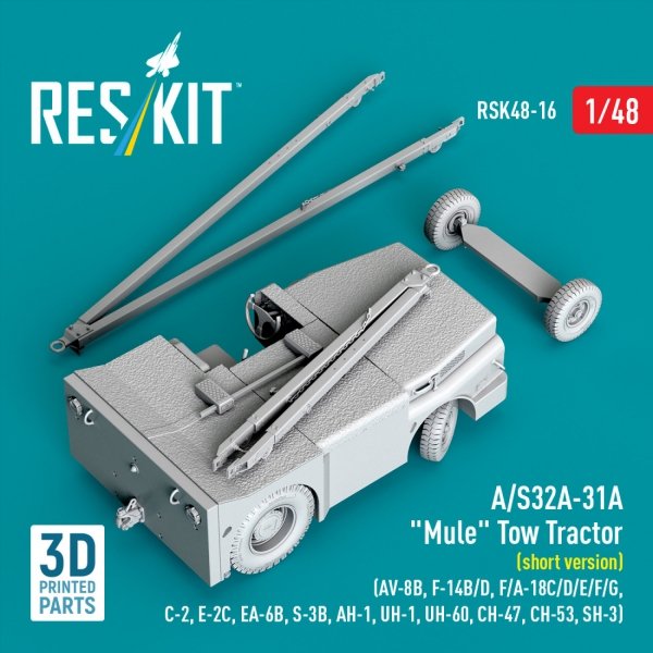RESKIT RSK48-0016 A/S32A-31A "Mule" Tow Tractor (short version) (AV-8B, F-14B/D, F/A-18C/D/E/F/G, C-2, E-2С, EA-6B, S-3B, AH-1, UH-1, UH-60, CH-47, CH-53, SH-3) (3D Printed model kit) (1/48)